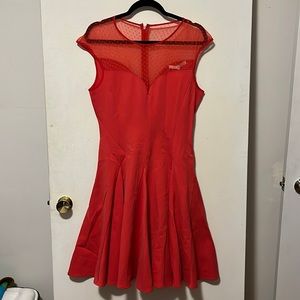Stretch red dress, sweetheart neckline, lace detail, skirt with godets